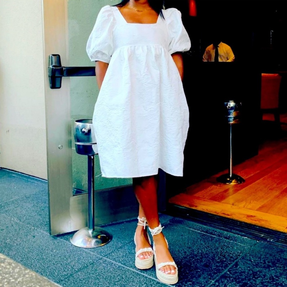 SHEIN White Windowpane Puff Sleeve Mini Dress Large